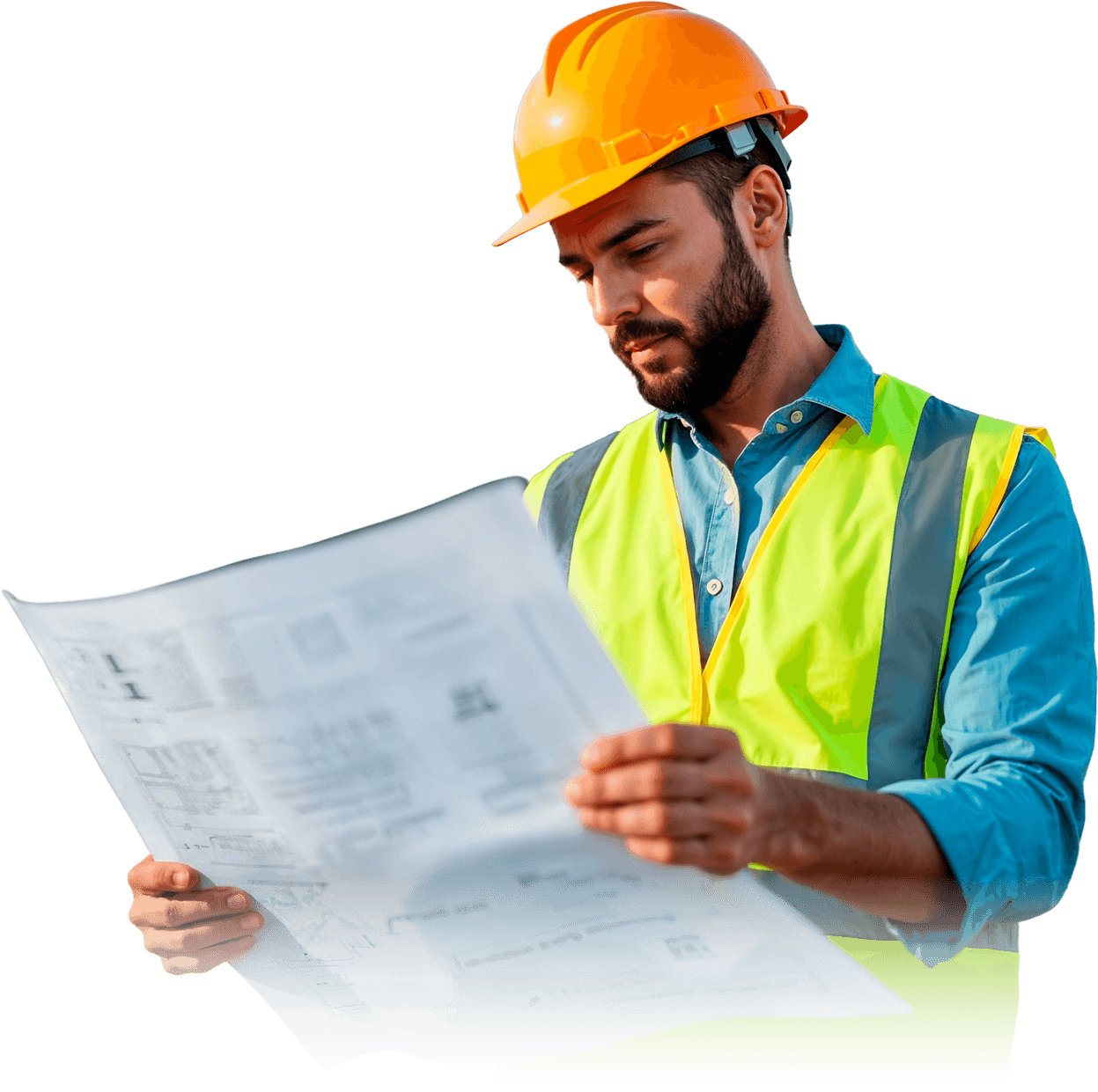Construction professional reviewing blueprints